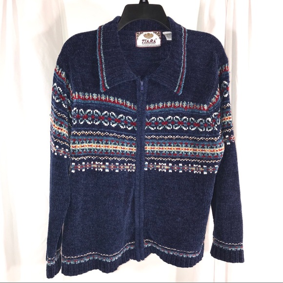 Vintage Sweaters - Vintage Fair Isle Print Zip Up Sweater, Size L